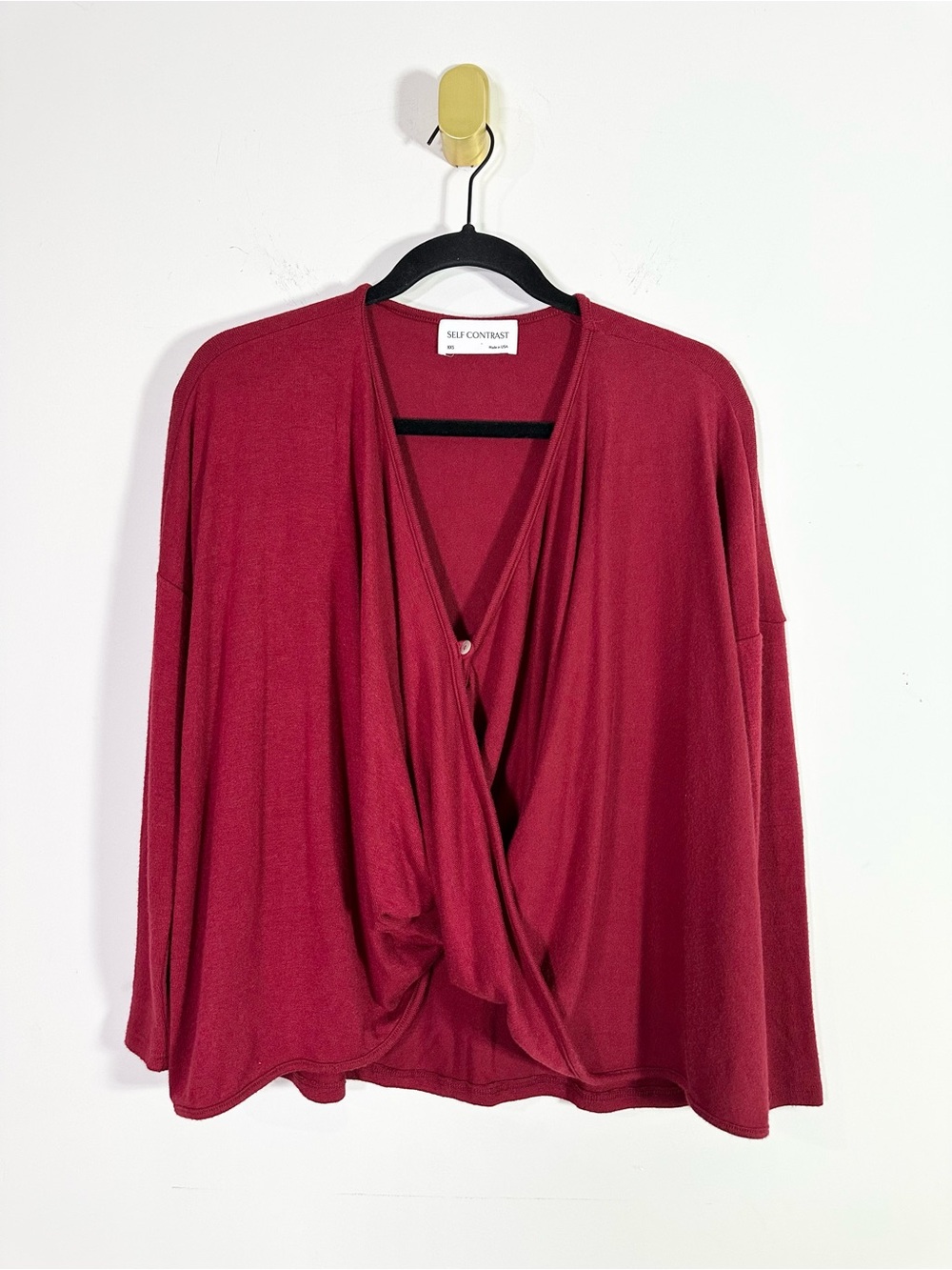 Self Contrast Red Oversized Long Sleeve Crossover Front Draped V-Neck Top